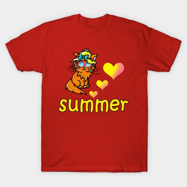 Cartoon cat in a summer hat and sunglasses T-Shirt by cuisinecat